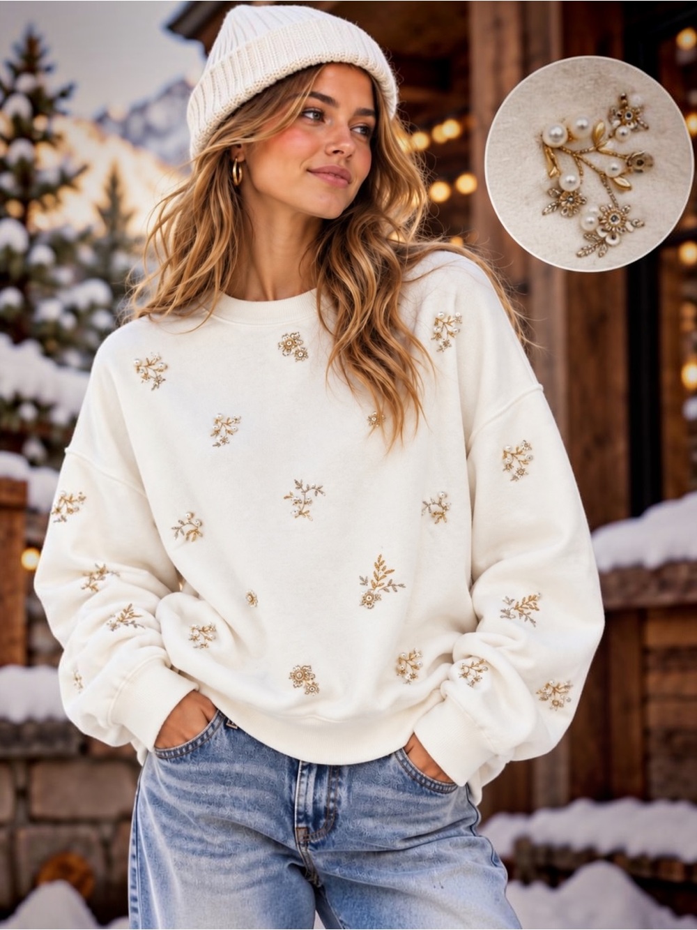 Driftwood Teddy Crewneck Embellished Pearl White Oversized Sweatshirt XS NWT $13